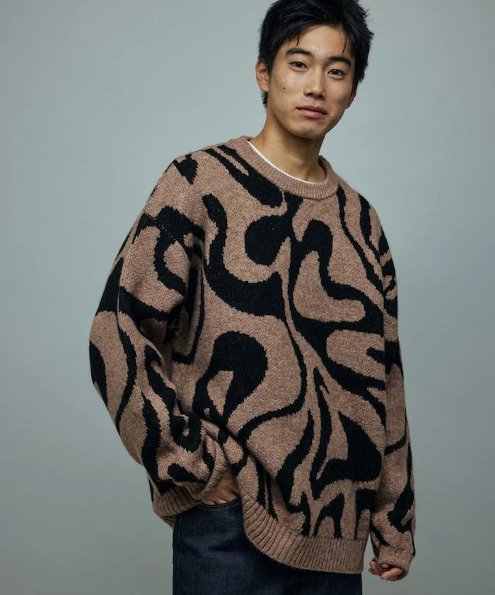 All-over Pattern Double Jacquard Knit Crew Neck Pullover / Relaxed Fit