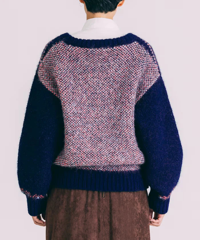 V-neck color block Nordic pattern knit