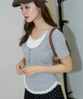 Short Sleeve Lace Layered Style Henley Neck T-Shirt Limited Edition