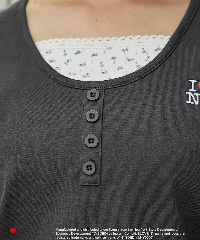 I LOVE NY Floral Pattern Layered Style Henley Neck T-Shirt Limited Edition