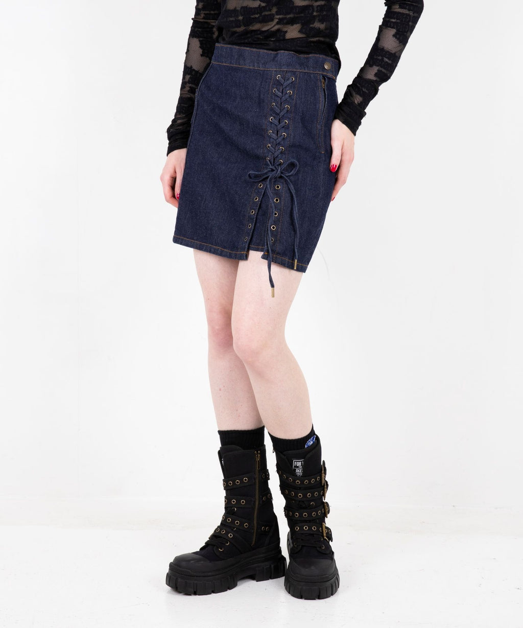 APPLE PANDA Embroidered Side Lace-Up Denim Mini Skirt