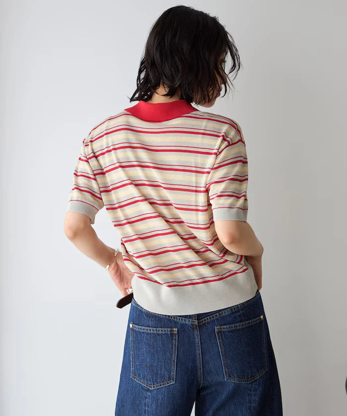Relaxed Fit Color Design Polo Knit / Bicolor / Multi Stripe