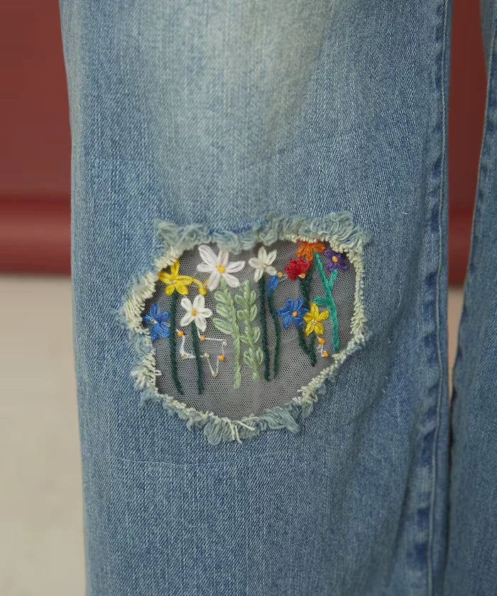 Flower Embroidery Wide Denim