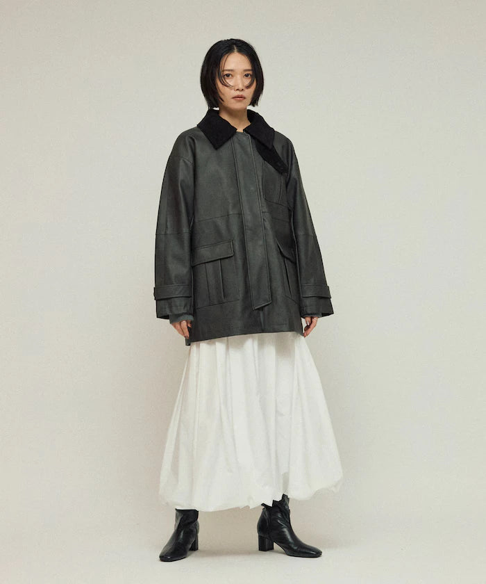 Oversized Crush Leatherette Jacket / Collar Corduroy