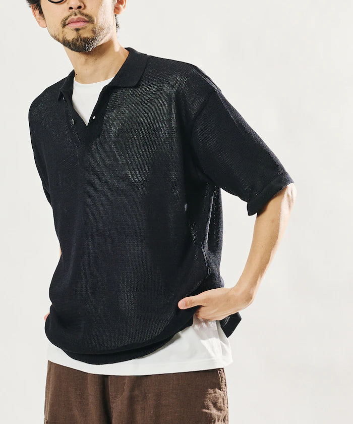 Sheer Knit Polo Shirt & Cotton T-Shirt Layered Set