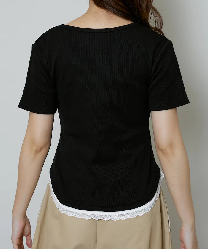 Short Sleeve Lace Layered Style Henley Neck T-Shirt Limited Edition