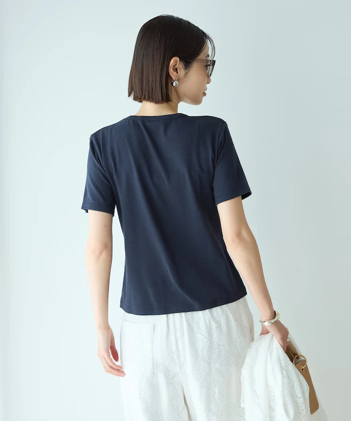 Shell Button Flower Motif Cotton Modal T-Shirt