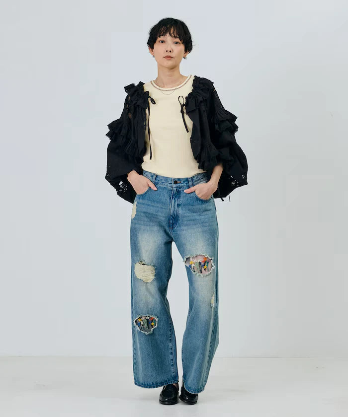 Flower Embroidery Wide Denim