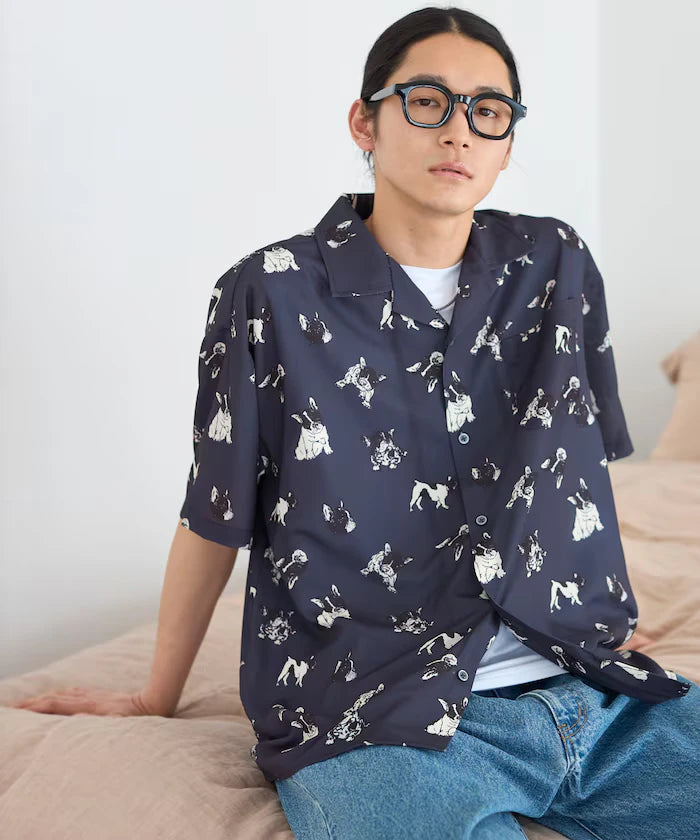 Mesh Open Collar Pattern Short Sleeve Shirt / Allover Design Open Collar Shirt / Big Silhouette