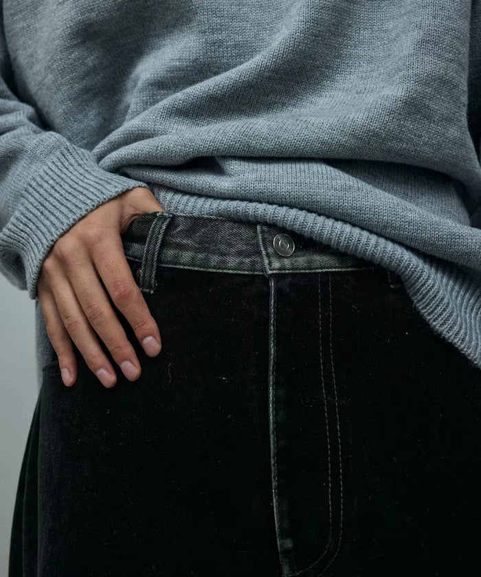 Flocked Denim Contrast Wide Straight Pants