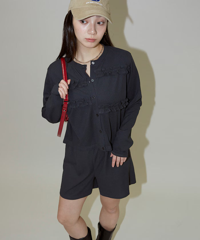 Frill Design Cardigan Short Pants Set Up Limited Release