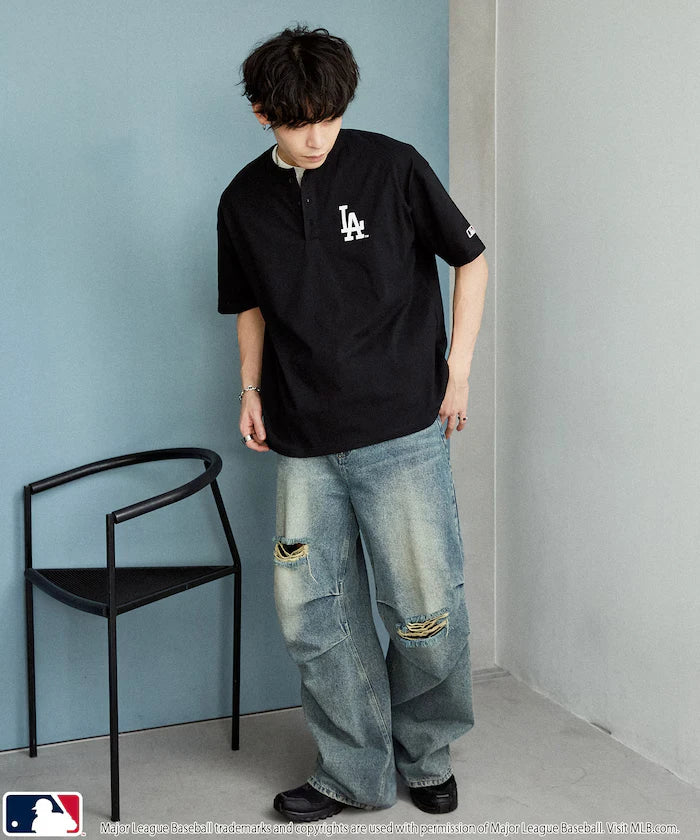 Limited Edition MLB Logo Print Henley Neck Oversized T-Shirt