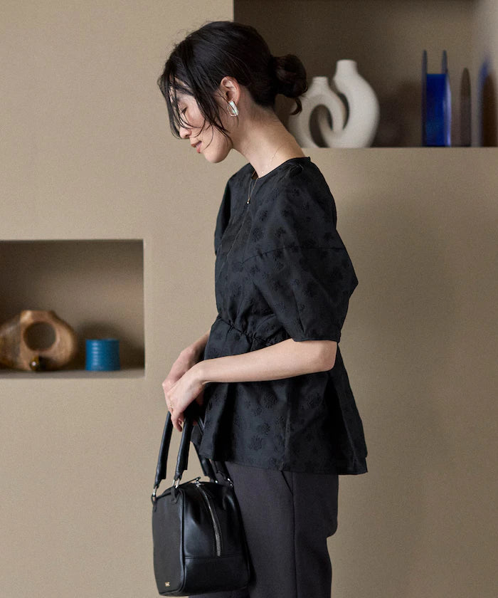 Flower Sheer Jacquard Volume Sleeve Peplum Blouse / 5 Minutes Sleeve