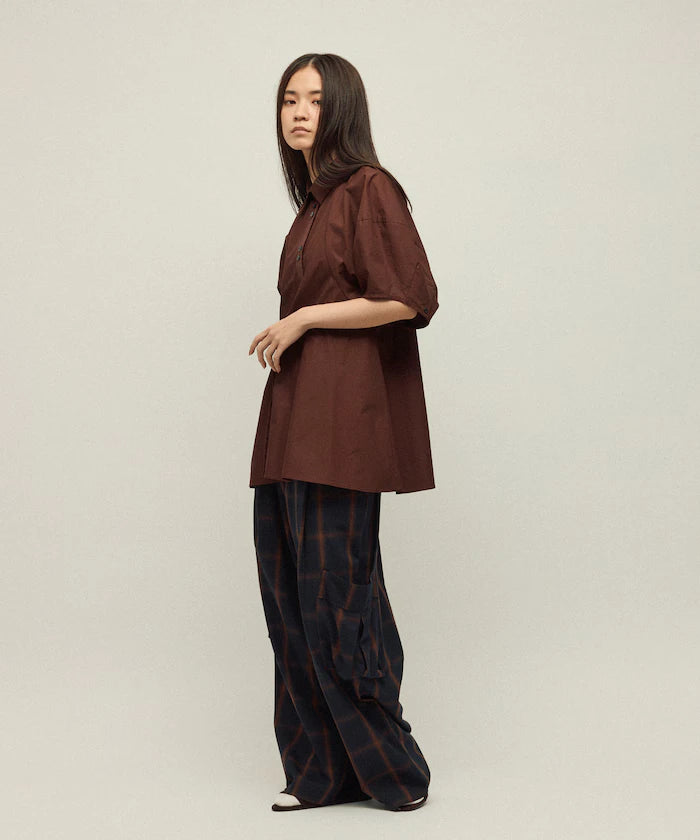 Switching Design Balloon Sleeve Shirt / 5-Minute Sleeve Blouse