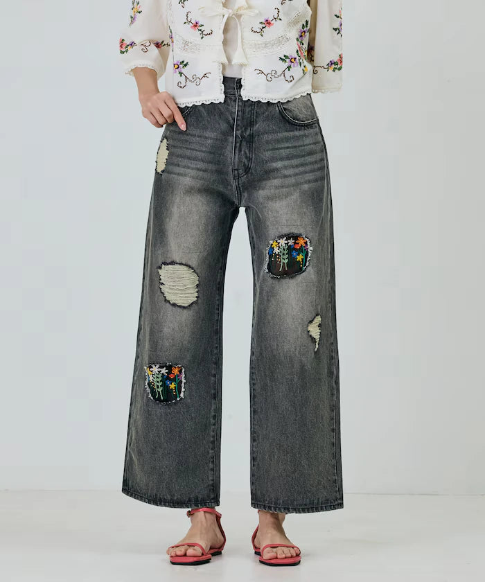 Flower Embroidery Wide Denim