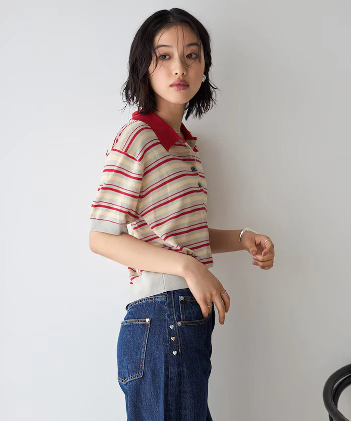 Relaxed Fit Color Design Polo Knit / Bicolor / Multi Stripe