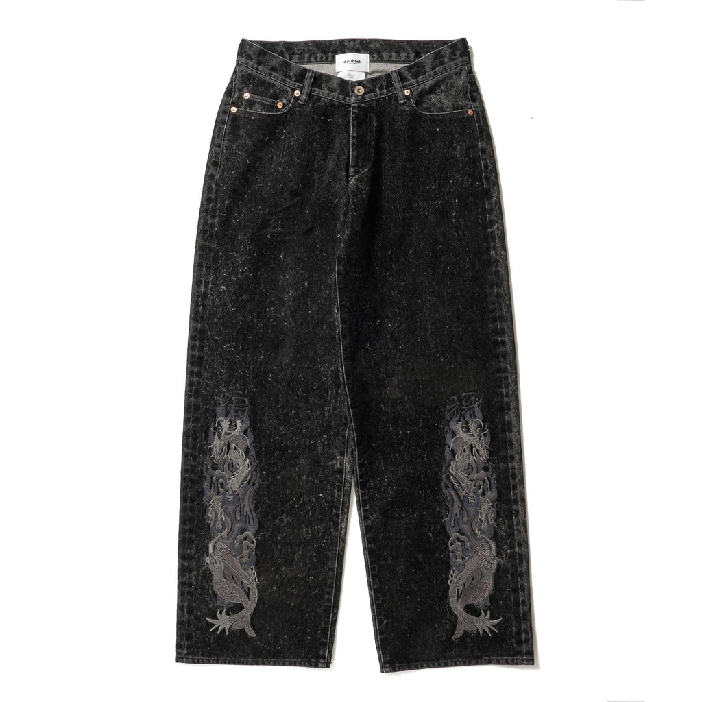 FLOCKED DENIM EMBROIDERED PANTS