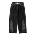 FLOCKED DENIM EMBROIDERED PANTS