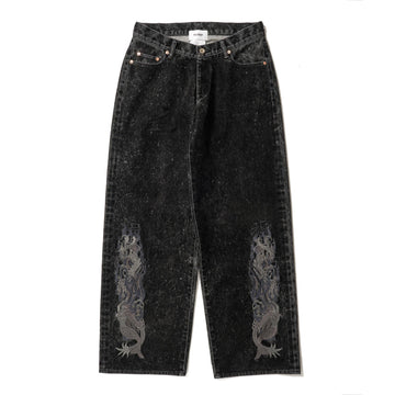 FLOCKED DENIM EMBROIDERED PANTS