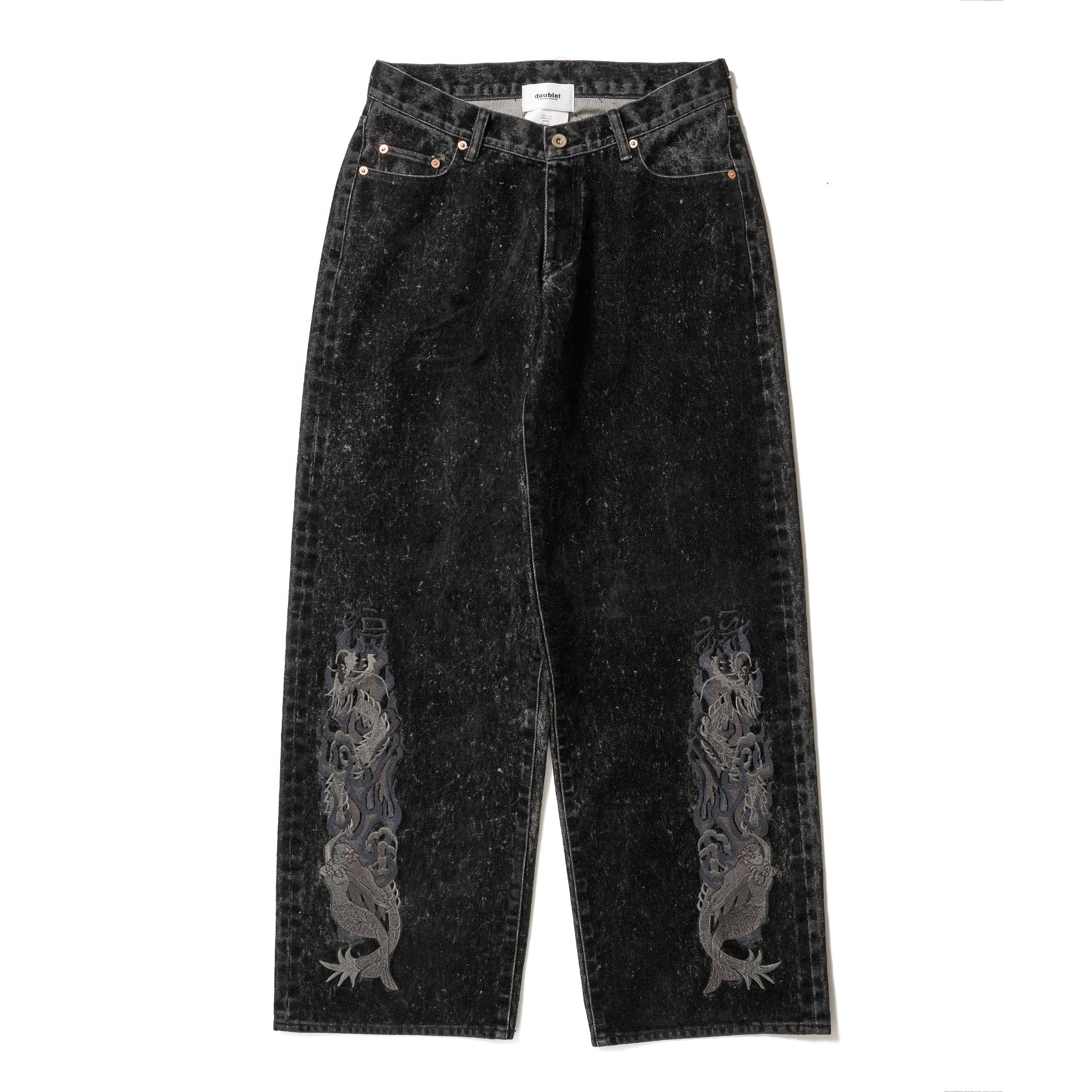 FLOCKED DENIM EMBROIDERED PANTS