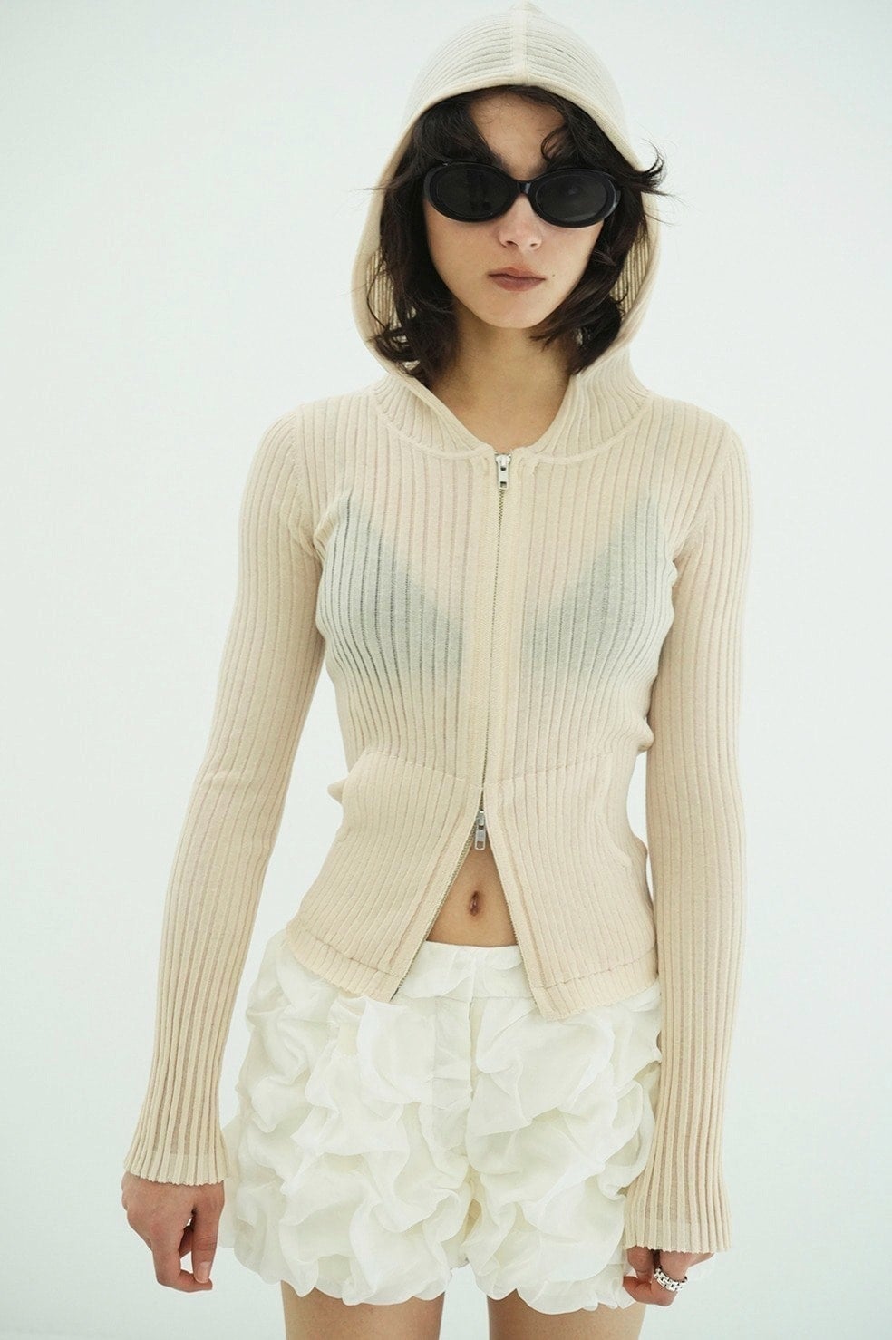 SHEER HOODED KNIT CARDIGAN