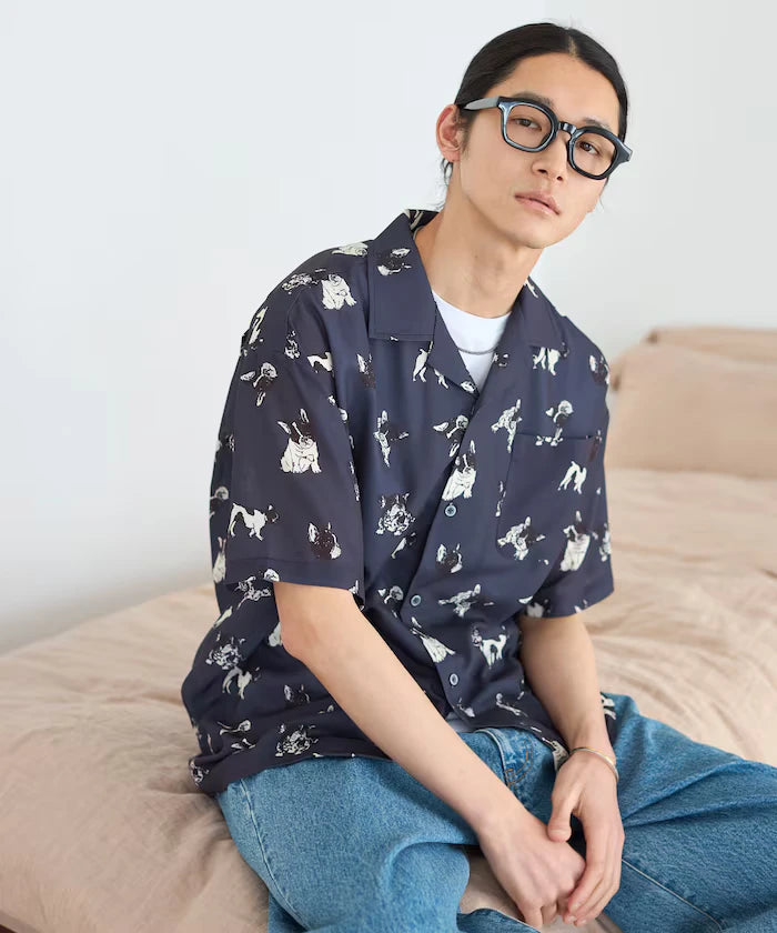 Mesh Open Collar Pattern Short Sleeve Shirt / Allover Design Open Collar Shirt / Big Silhouette