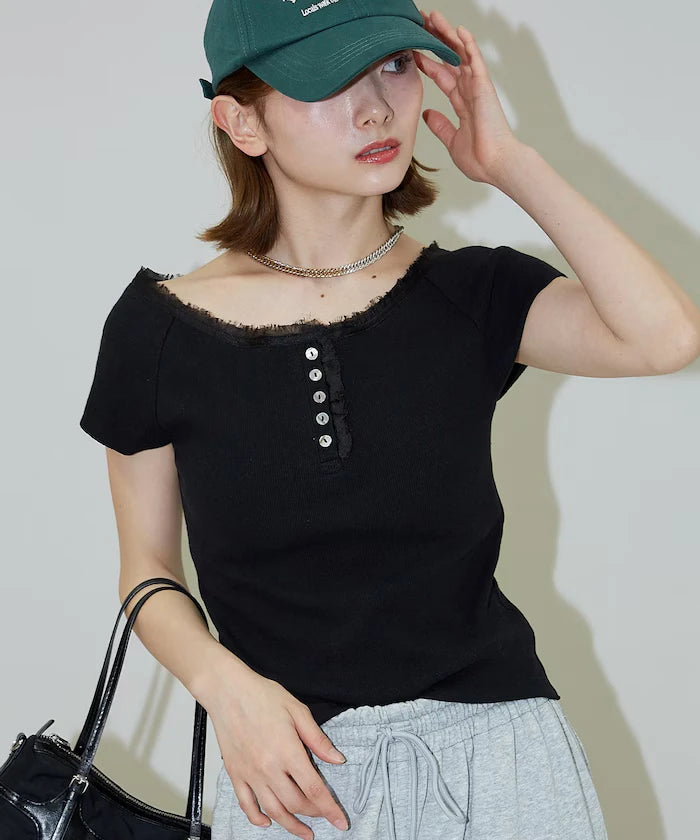 Collar Lace Contrast Henry Rib T-Shirt