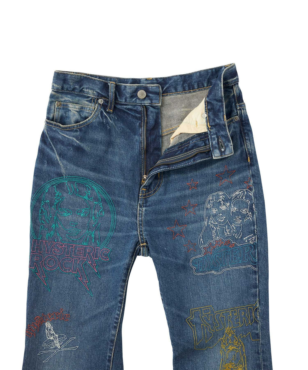 Hysteric Woman Scratch Stitch Embroidered Denim Flare Pants
