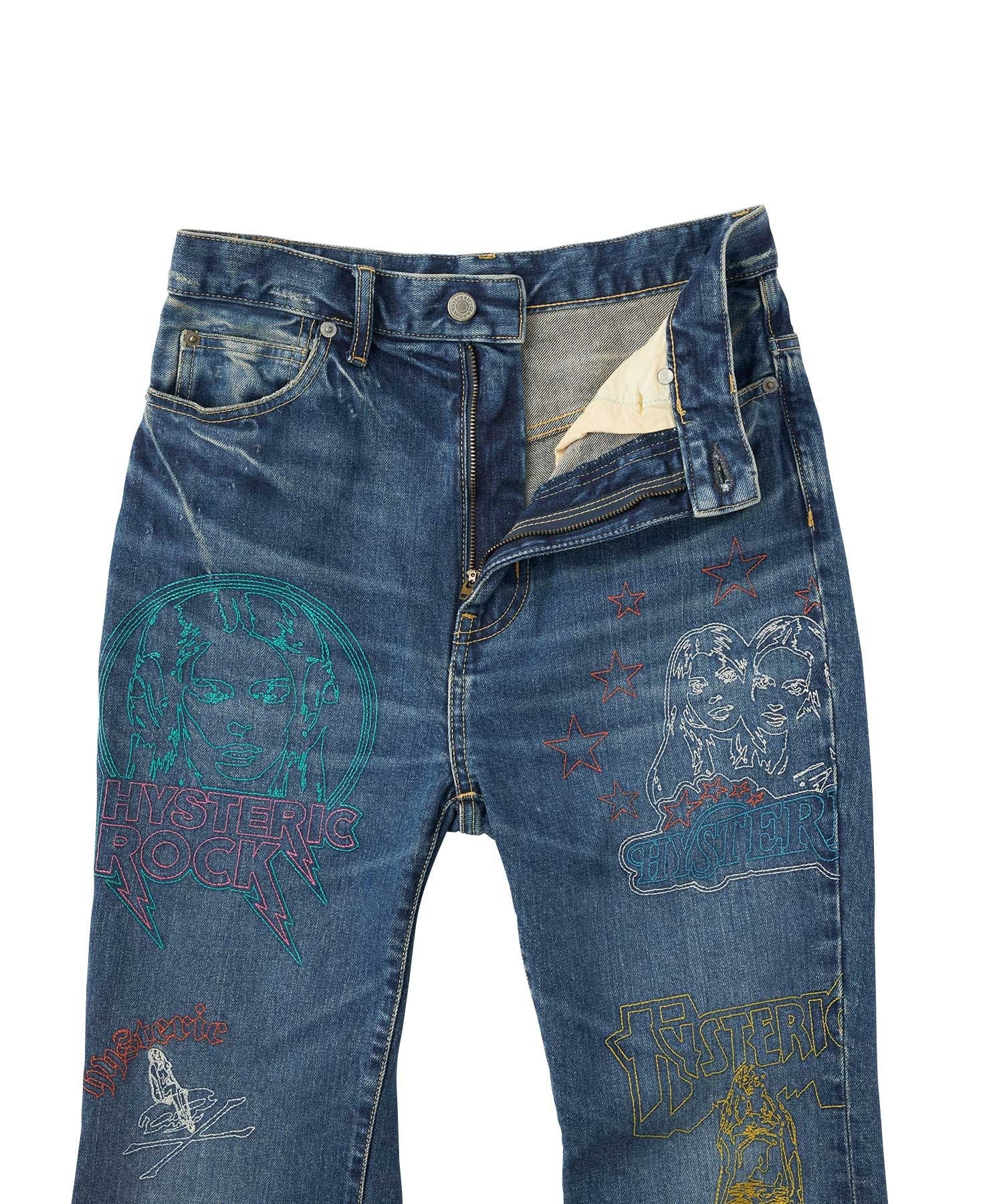 Hysteric Woman Scratch Stitch Embroidered Denim Flare Pants