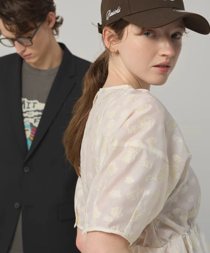 Flower Sheer Jacquard Volume Sleeve Peplum Blouse / 5 Minutes Sleeve