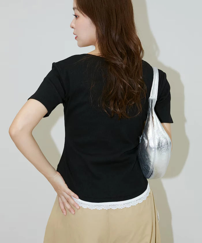 Short Sleeve Lace Layered Style Henley Neck T-Shirt Limited Edition