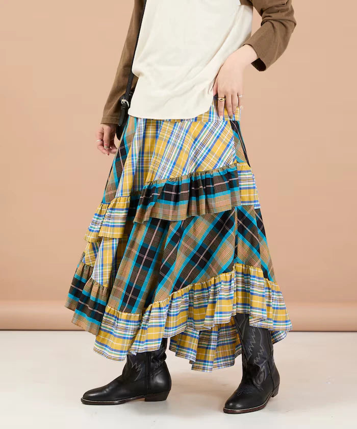 Check x Check Asymmetrical Frill Skirt
