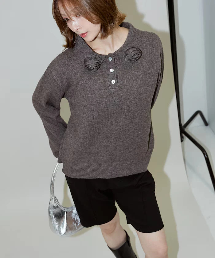 Polo knit pullover with flower motif - limited edition