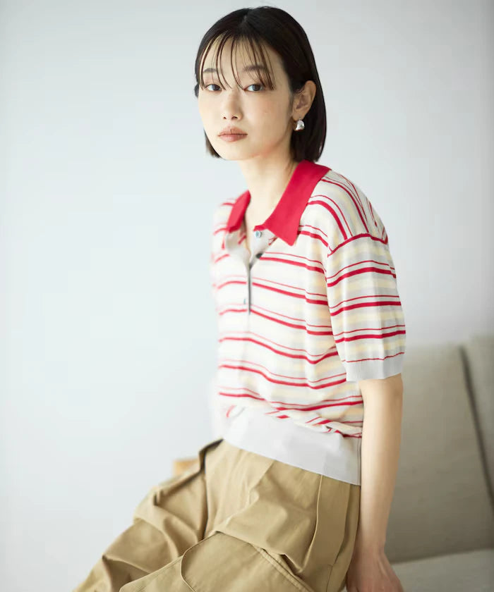 Relaxed Fit Color Design Polo Knit / Bicolor / Multi Stripe