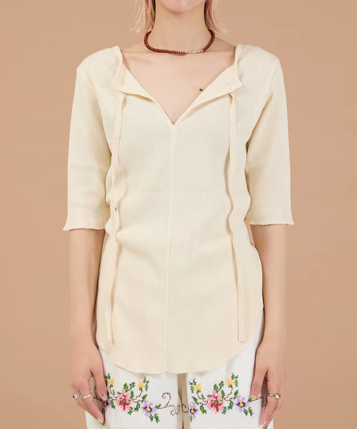 Ribbon Tied 2WAY Waffle 5 Sleeve T-Shirt