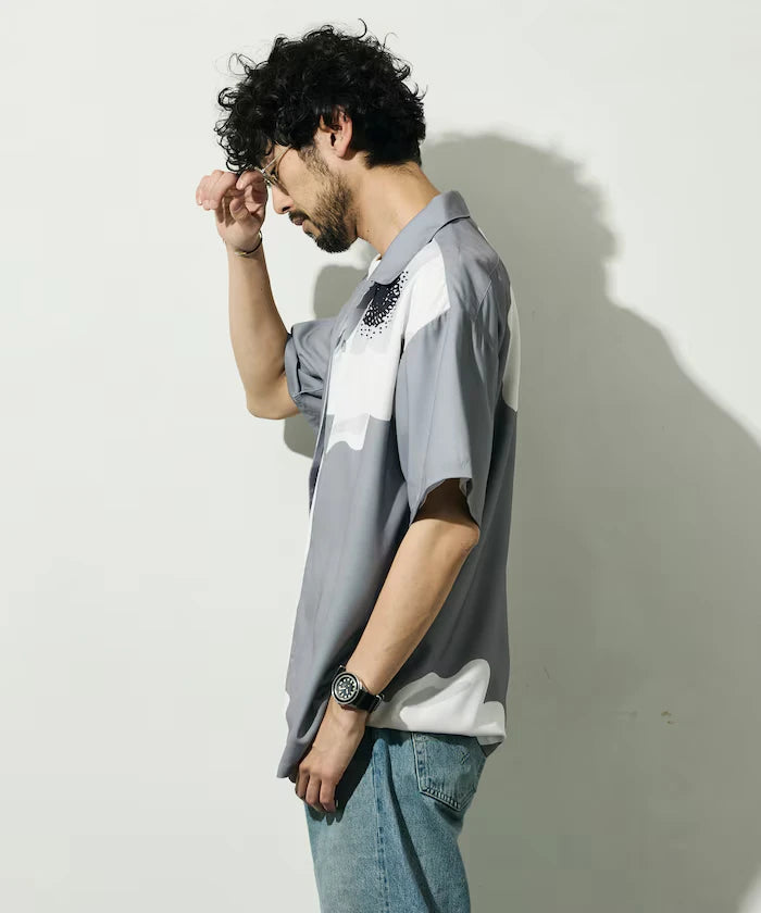 Open Collar Big Pattern Short Sleeve Shirt / Big Silhouette