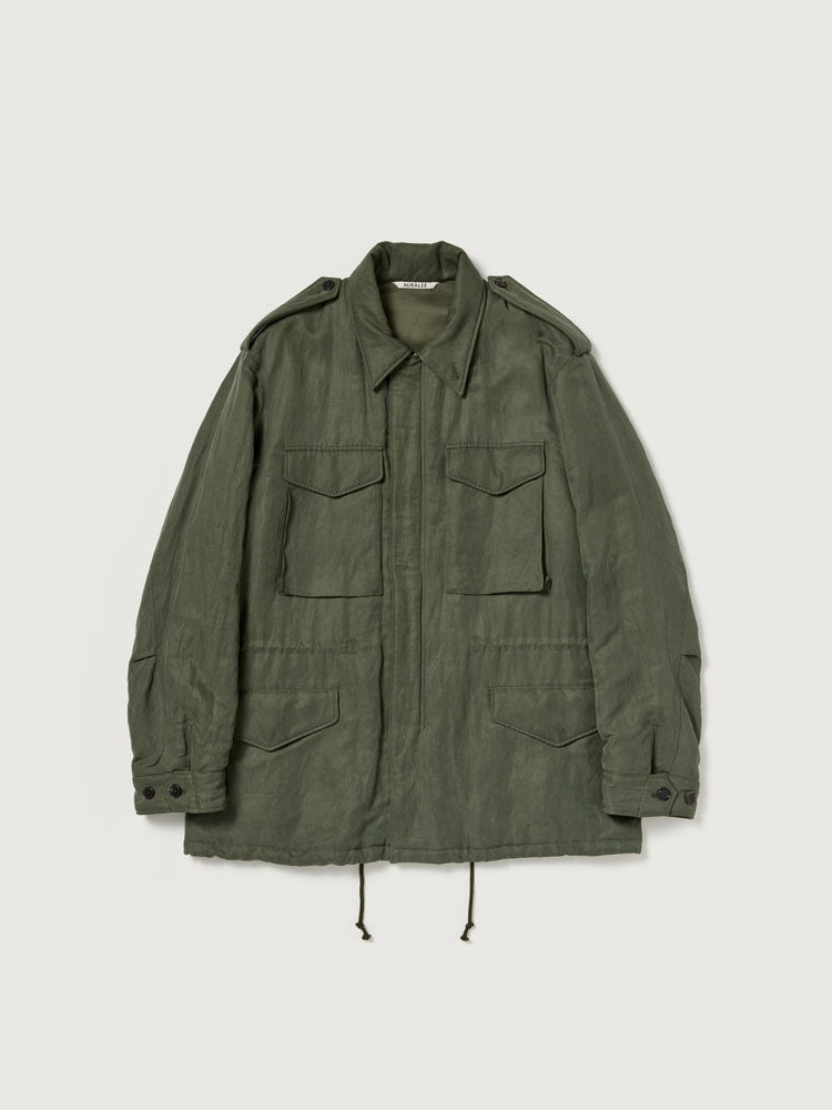 BRUSHED SILK LINEN SATIN PADDED MILITARY BLOUSON