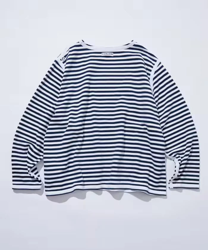 Boat Neck Horizontal Stripe french terry Long Sleeve Tee
