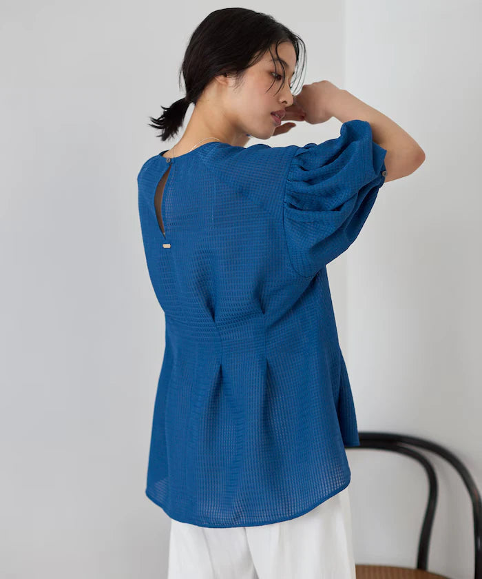 Sheer Check Balloon Sleeve Blouse