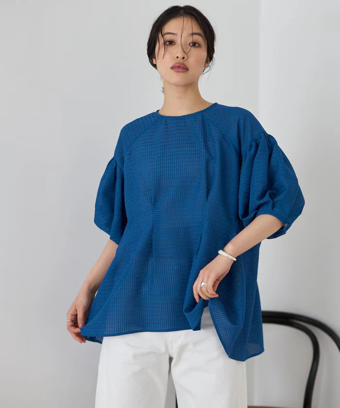 Sheer Check Balloon Sleeve Blouse