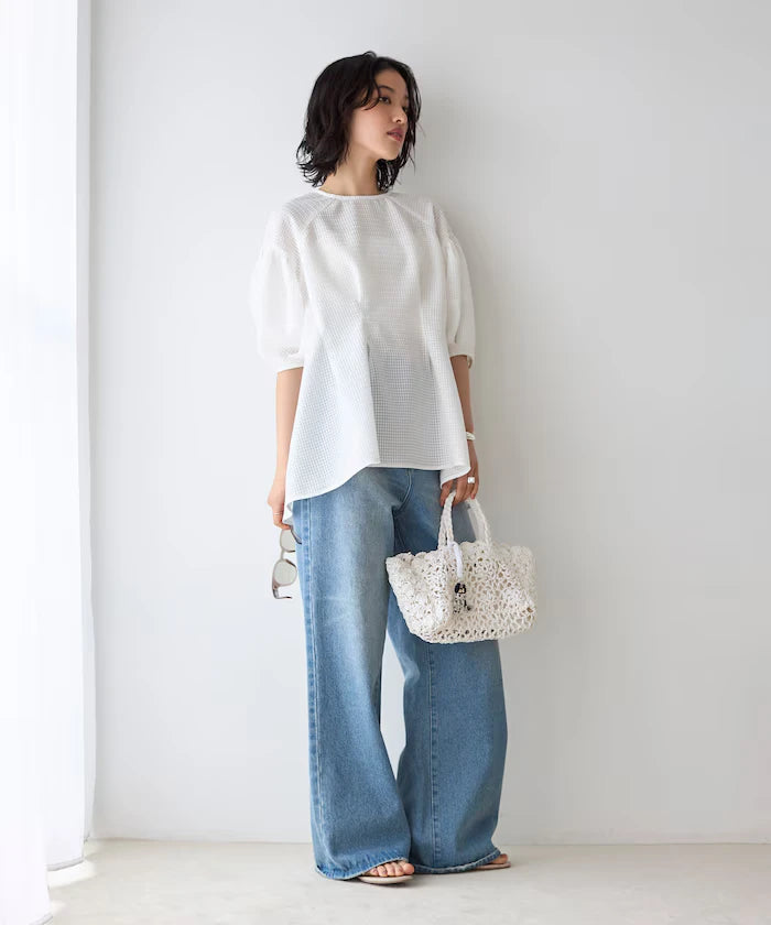 Sheer Check Balloon Sleeve Blouse