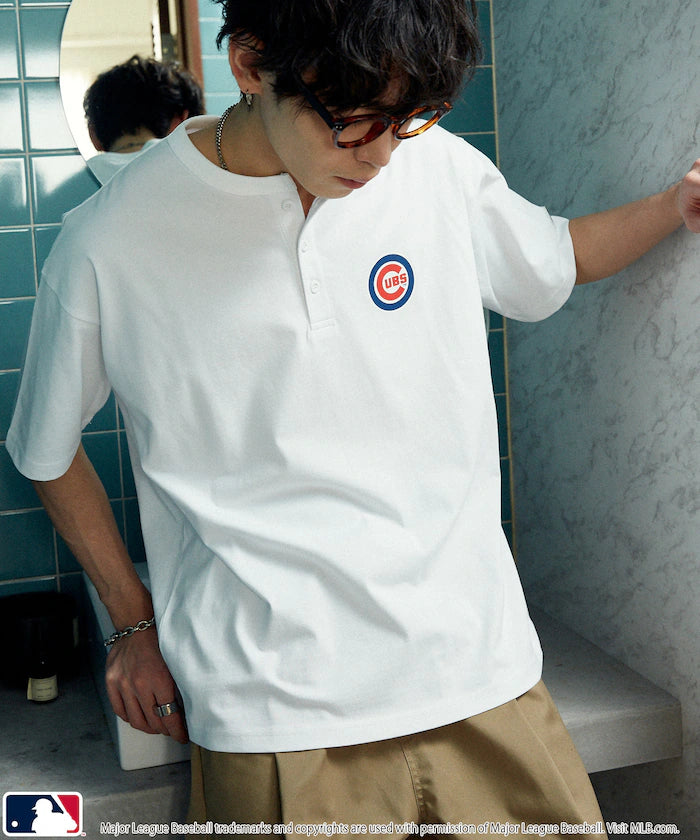 Limited Edition MLB Logo Print Henley Neck Oversized T-Shirt