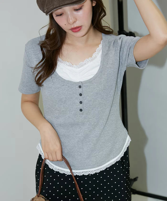 Short Sleeve Lace Layered Style Henley Neck T-Shirt Limited Edition
