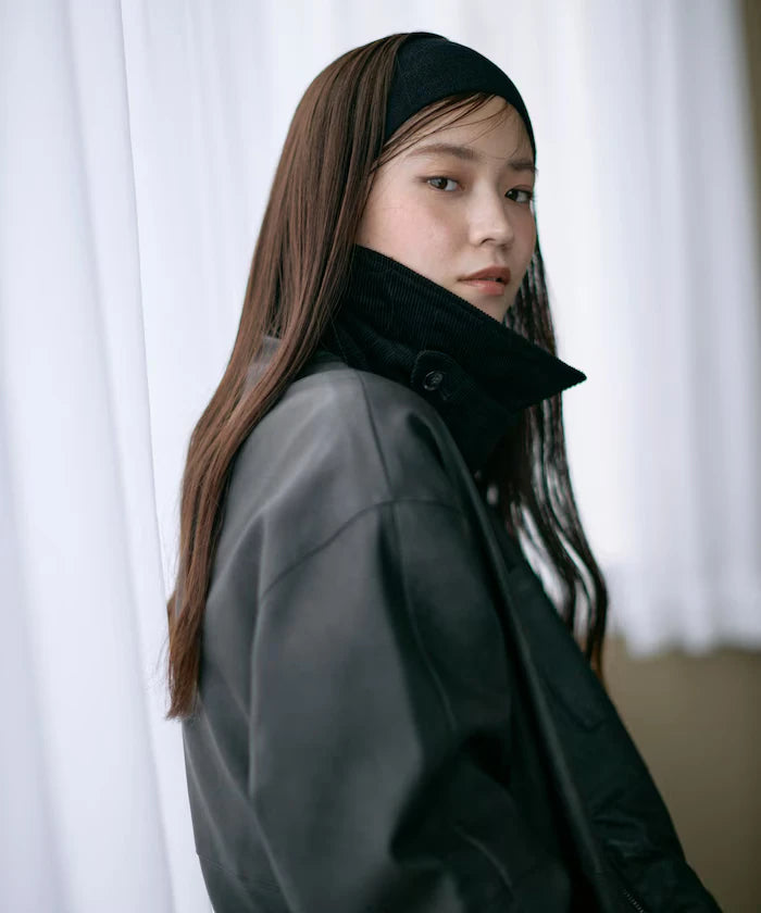 Oversized Crush Leatherette Jacket / Collar Corduroy