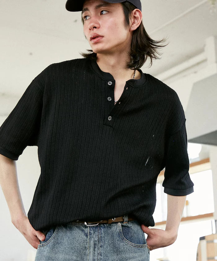 LOVE POP STUDIO Pattern Mesh Henley Neck T-Shirt Limited Release