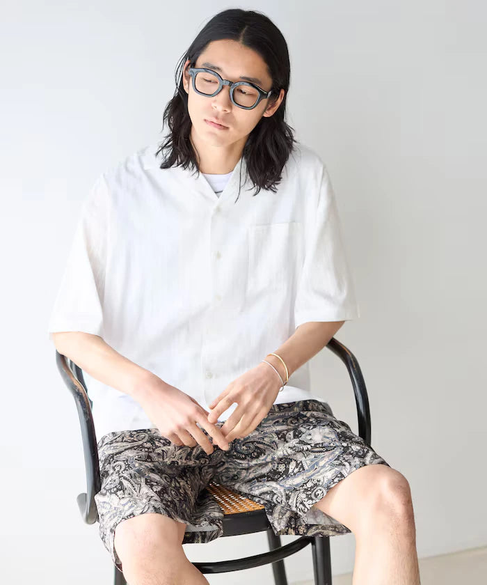 Jacquard Relaxed Fit Open Collar Short Sleeve Shirt Semi-Sheer Dobby Weave