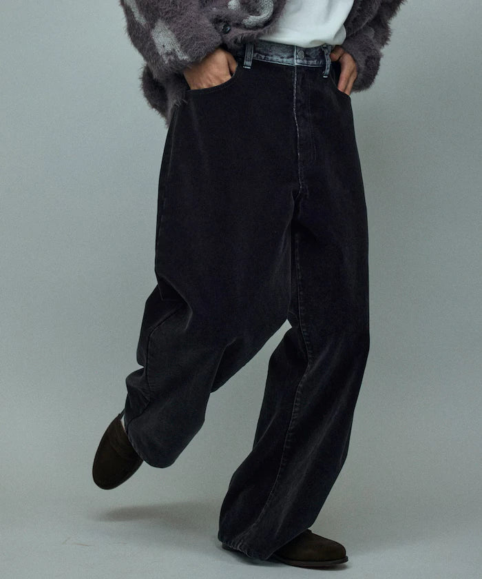 Flocked Denim Contrast Wide Straight Pants