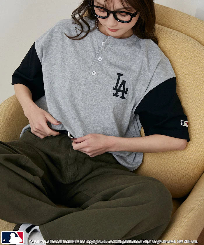Limited Edition MLB Logo Print Henley Neck Oversized T-Shirt