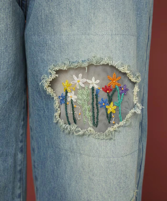 Flower Embroidery Wide Denim
