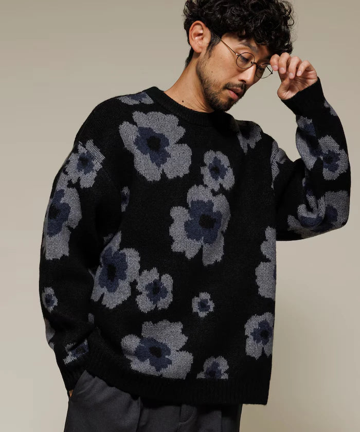 All-over Pattern Double Jacquard Knit Crew Neck Pullover / Relaxed Fit